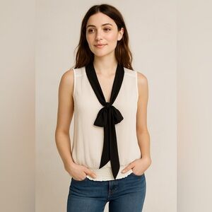 Iz Byer Cream Sleeveless Blouse with Black Bow